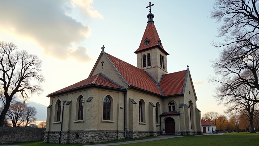 Sena barokinė bažnyčia su aukštu kryžiumi, mūrinė siena su arkų langais, kryžiaus šešėlis ant grindų