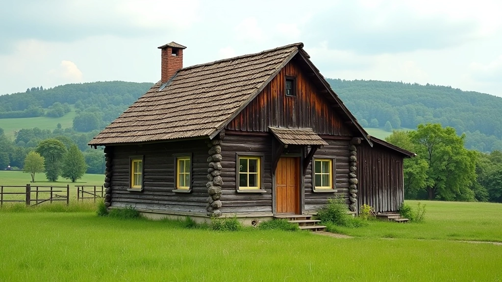 Senovinis kaimo sodybos namas su medžio fasadu, žalios kalnų panoramos fone